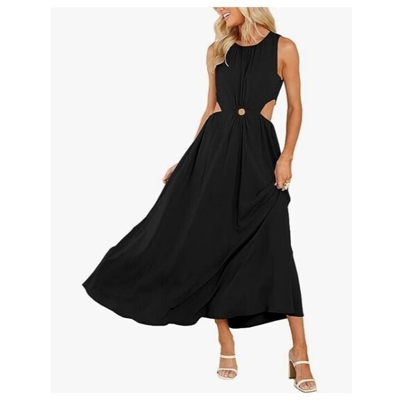 Deep Self Maxi Dress Black Crewneck O Ring Cutout Sundress NWT Womens Size L - Picture 1 of 8